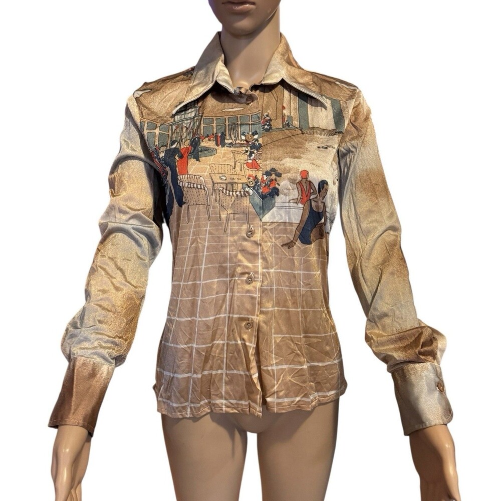 Vintage Nik Nik Button Shirt Disco Unisex Adult Deco Scene Theme Print 70s RARE